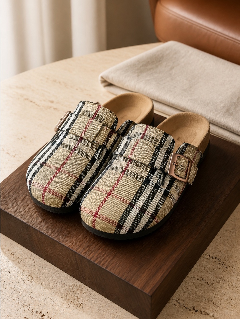 Plaid Buckle Clog Mules in Beige and Black